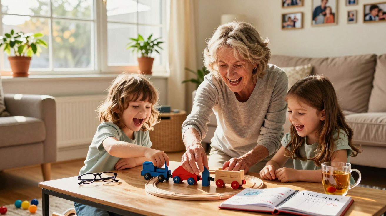 Avó e dois netos brincam com comboio de madeira num ambiente acolhedor e iluminado de sala de estar.