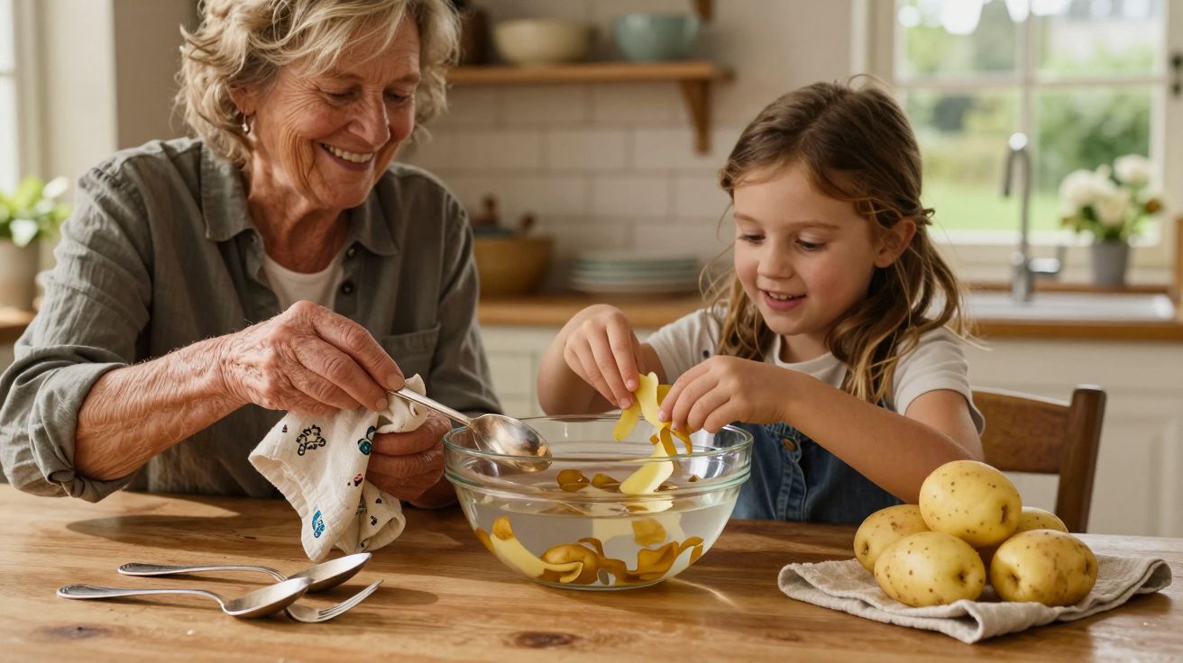 Avó e neta descascam batatas e colocam-nas numa taça com água na cozinha.