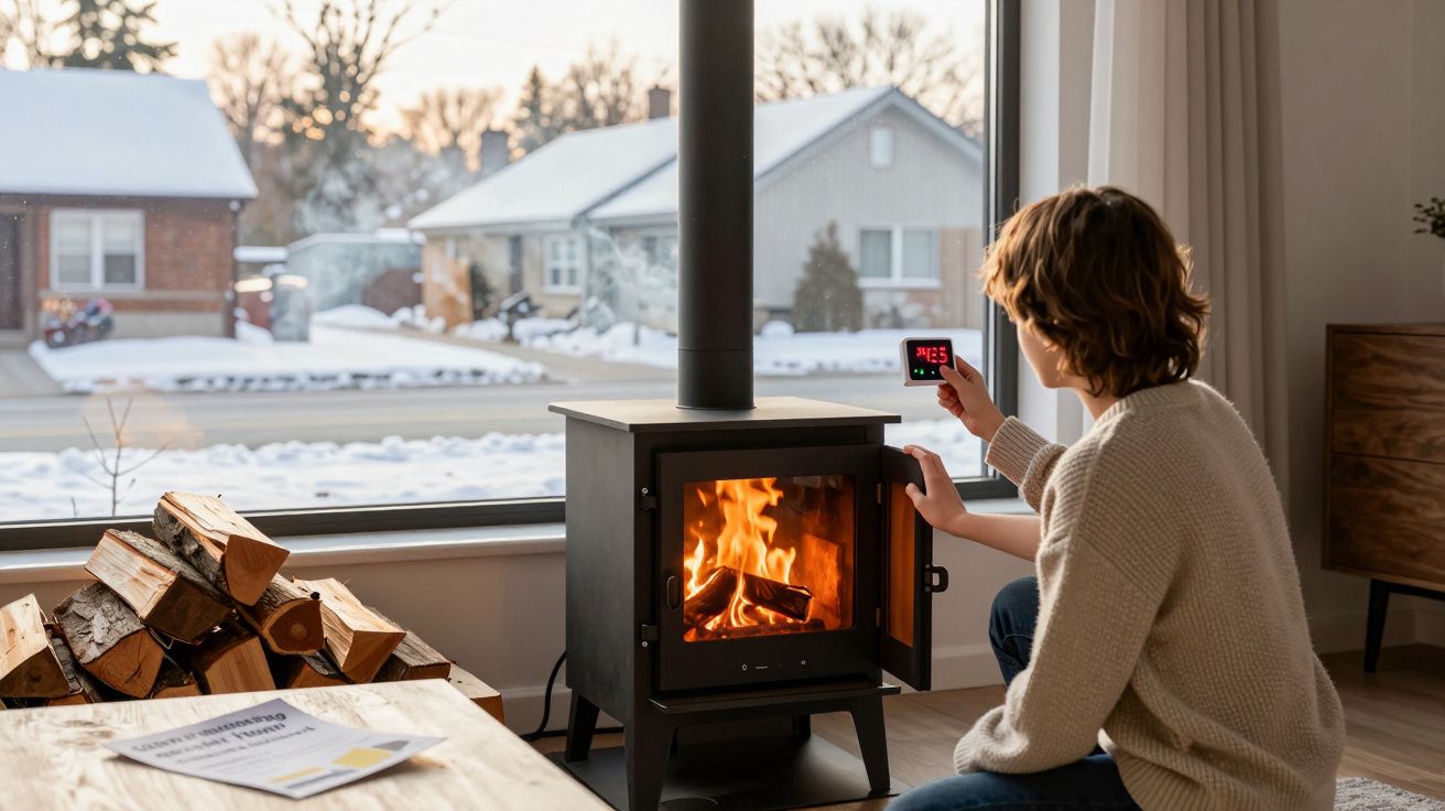 Pessoa ajusta termóstato junto a salamandra a lenha com fogo, vista de casas cobertas de neve pela janela.