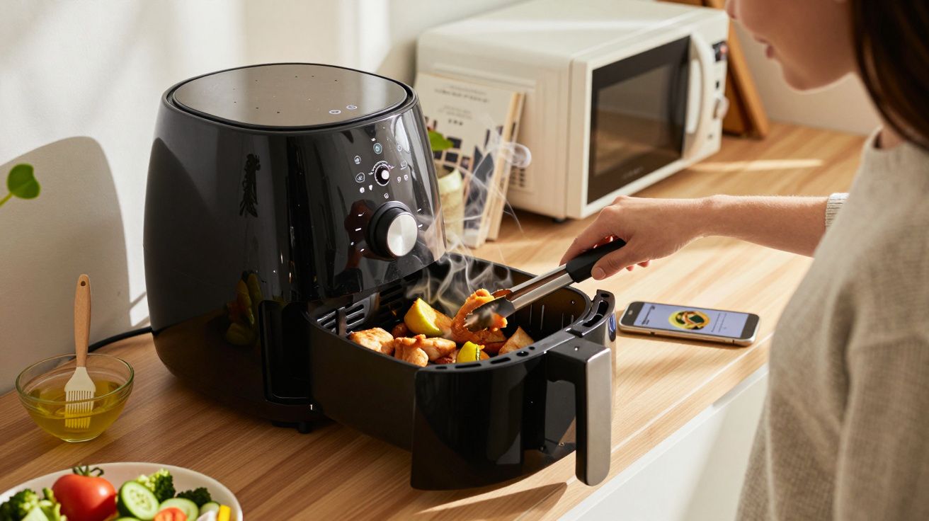 Pessoa a retirar frango e legumes quentes da fritadeira elétrica preta numa cozinha moderna.