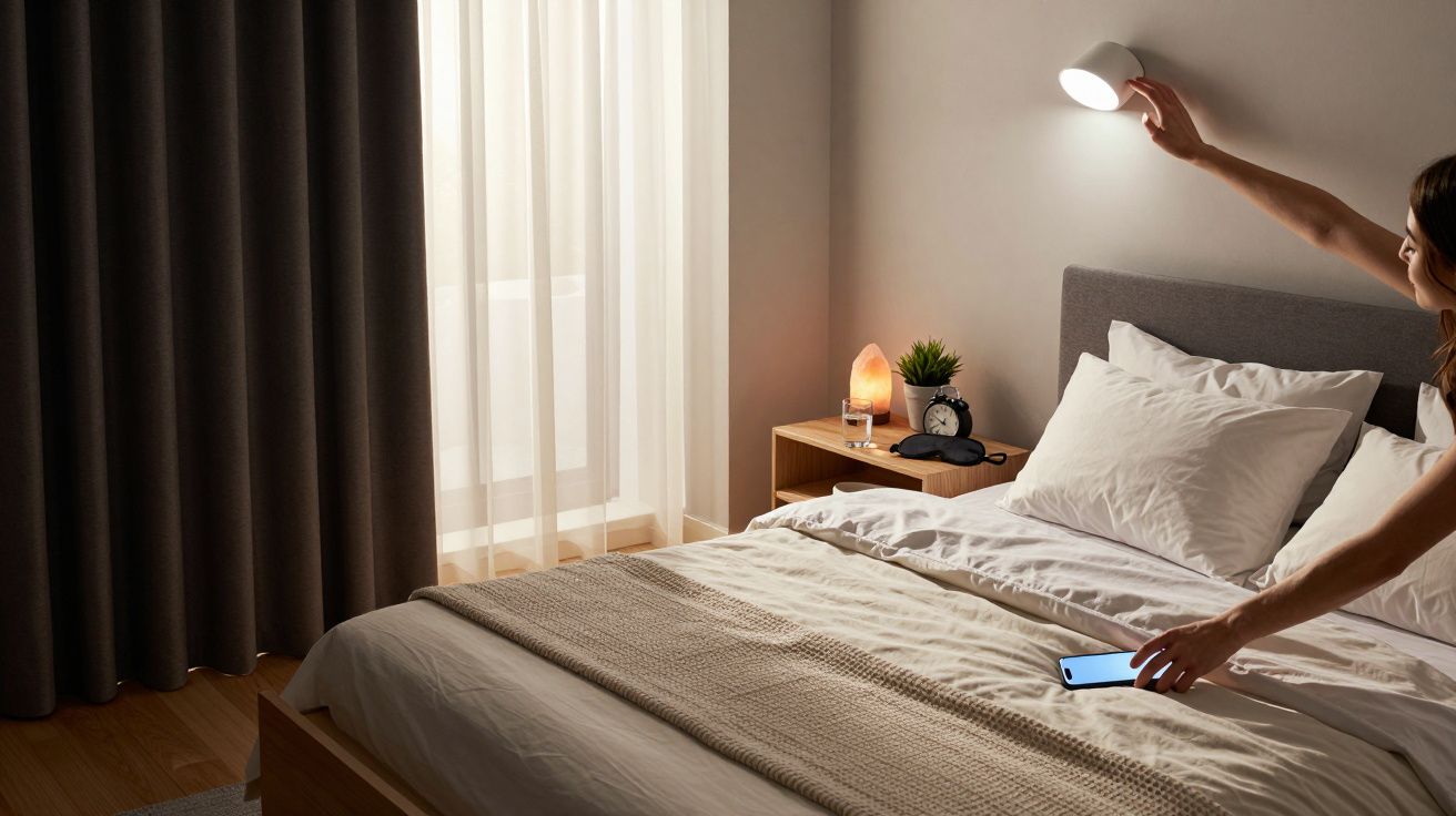 Quarto com cama arrumada, mulher a apagar candeeiro de parede e telemóvel em cima da cama.