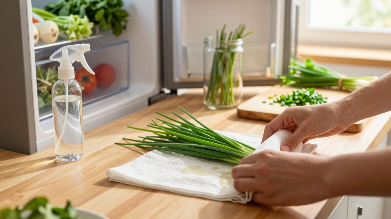 Mãos a secar cebolinho com pano na bancada de cozinha ao lado de spray e legumes frescos.