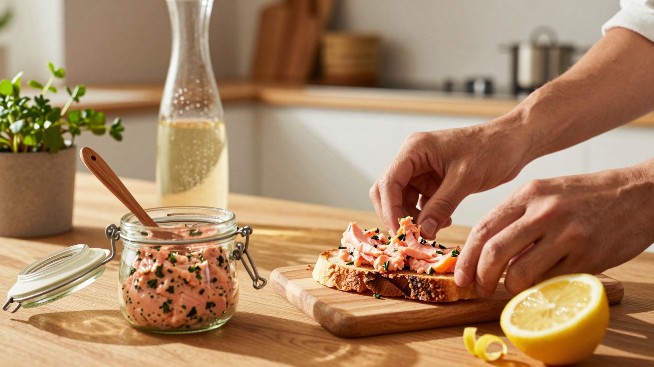 Mãos a preparar tosta com pasta de salmão, limão cortado, frasco com pasta e garrafa com bebida numa cozinha.