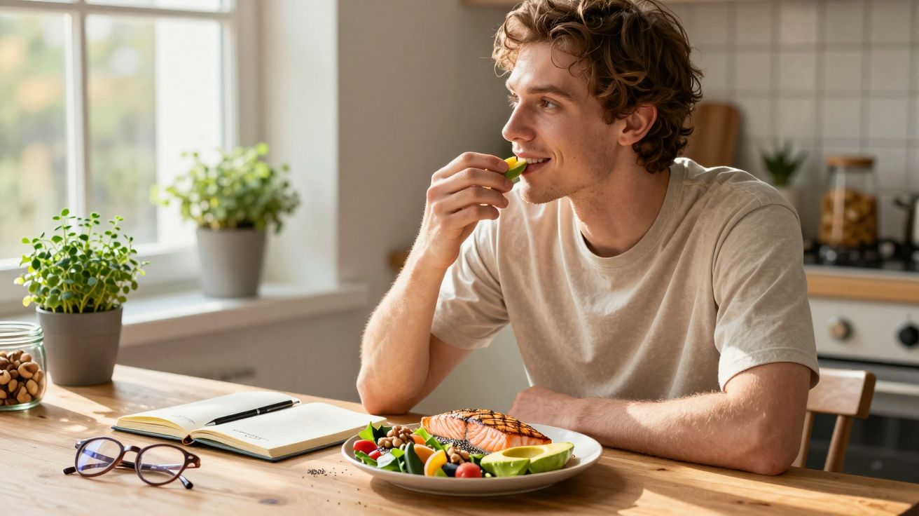 Homem a comer fruta, sentado à mesa com prato de comida saudável e livro aberto numa cozinha iluminada.