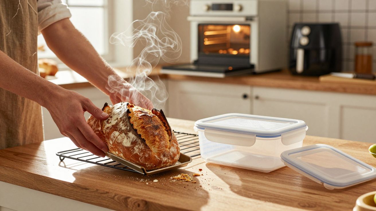 Pessoa a colocar pão acabado de sair do forno numa grelha para arrefecer numa cozinha moderna.