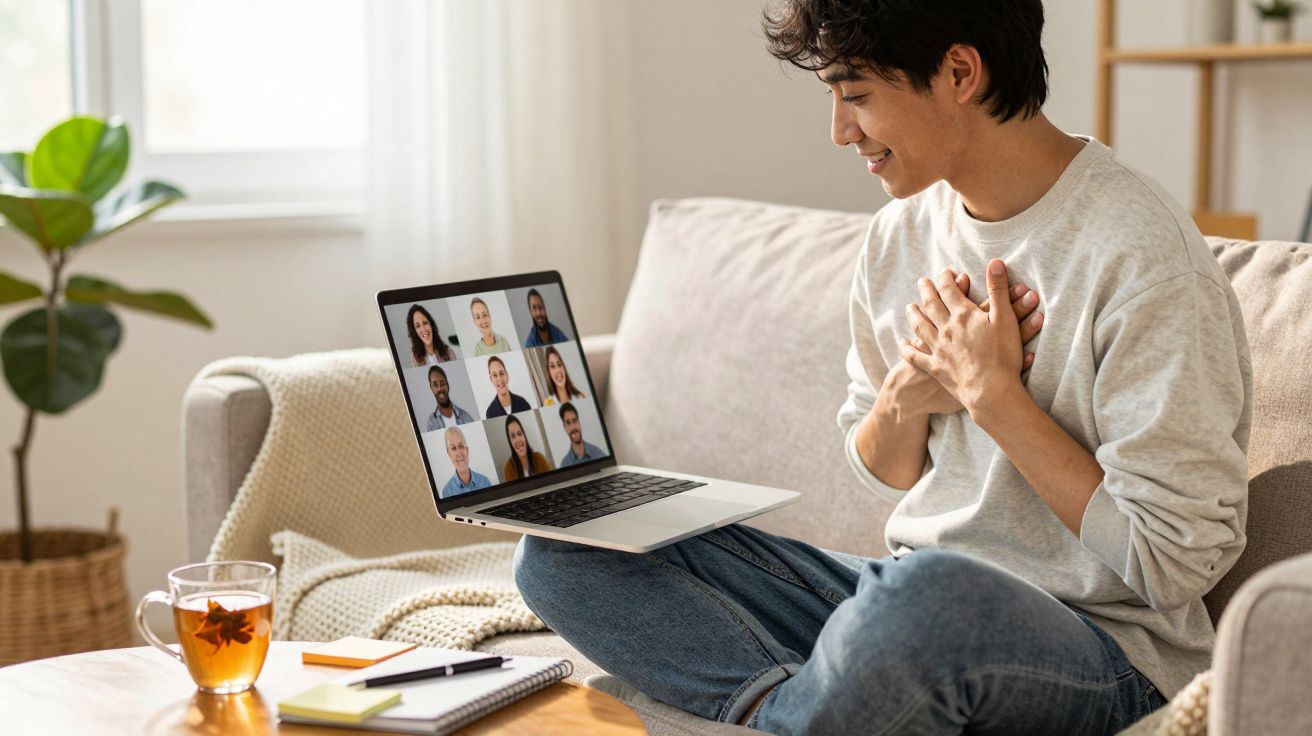 Pessoa sentada no sofá participa em videochamada de grupo num braço de laptop, com chá e cadernos na mesa.