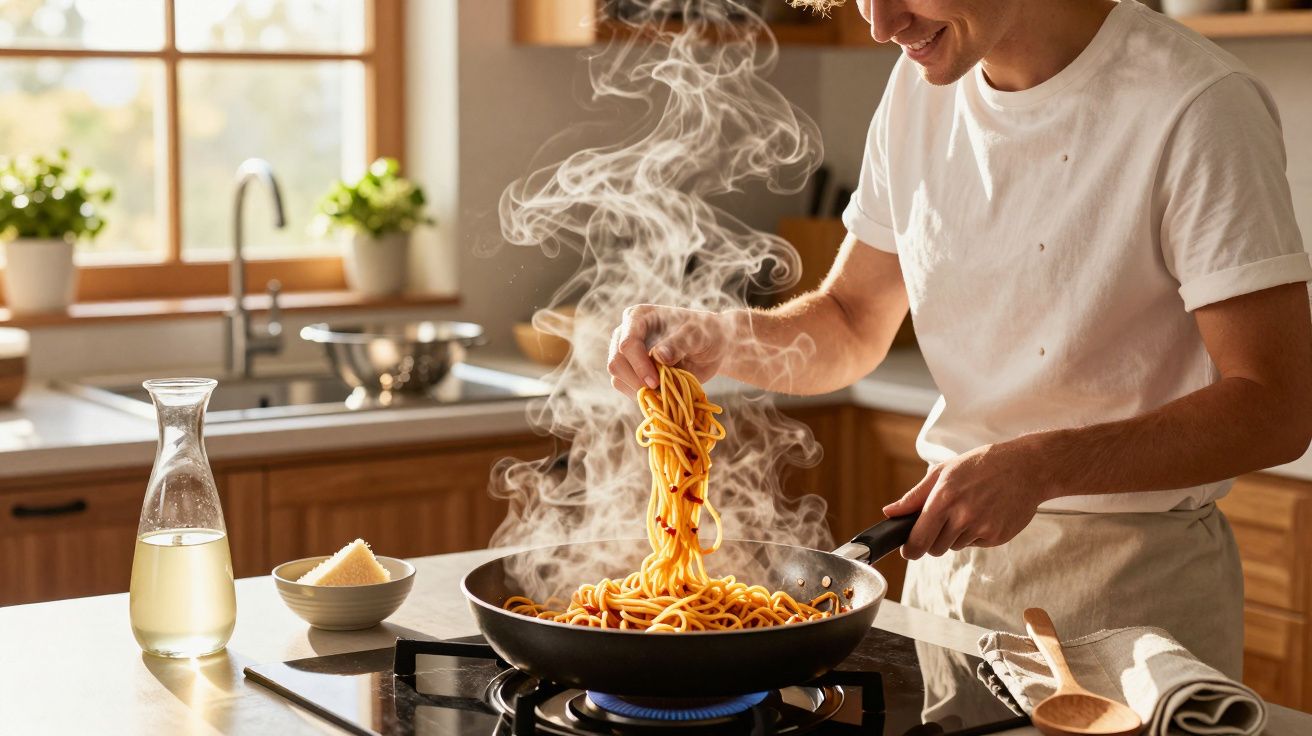 Jovem a cozinhar esparguete fumegante numa frigideira numa cozinha acolhedora e iluminada.