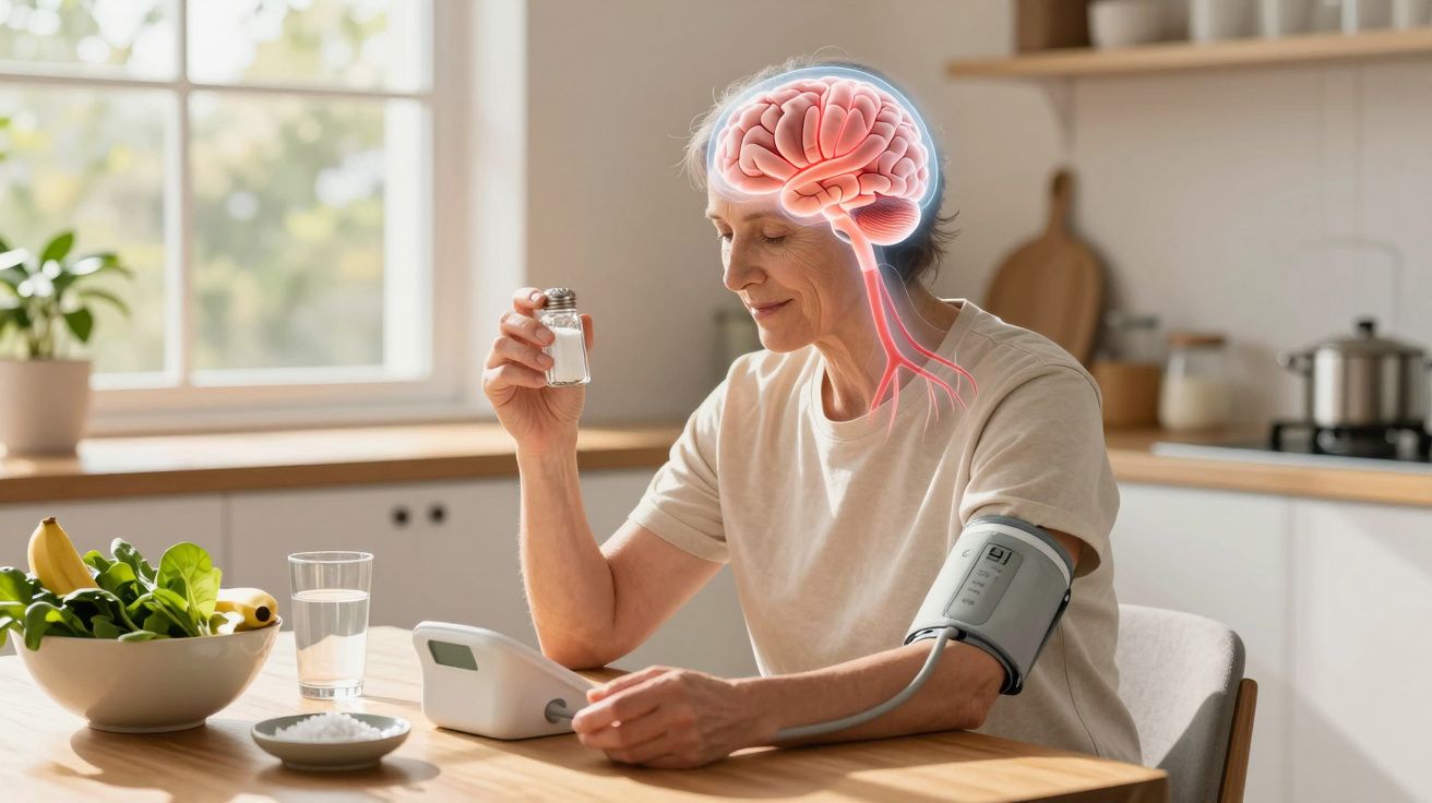 Mulher sénior a medir a pressão arterial com sal na mão e ilustração do cérebro destacando o sistema nervoso.