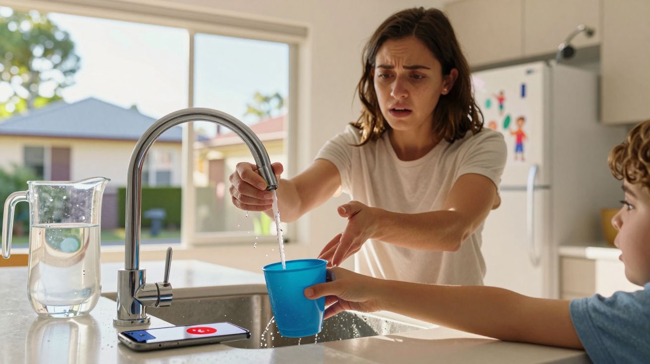Mulher preocupada a tentar encher copo de água com torneira a pingar, criança a estender mão na cozinha iluminada.