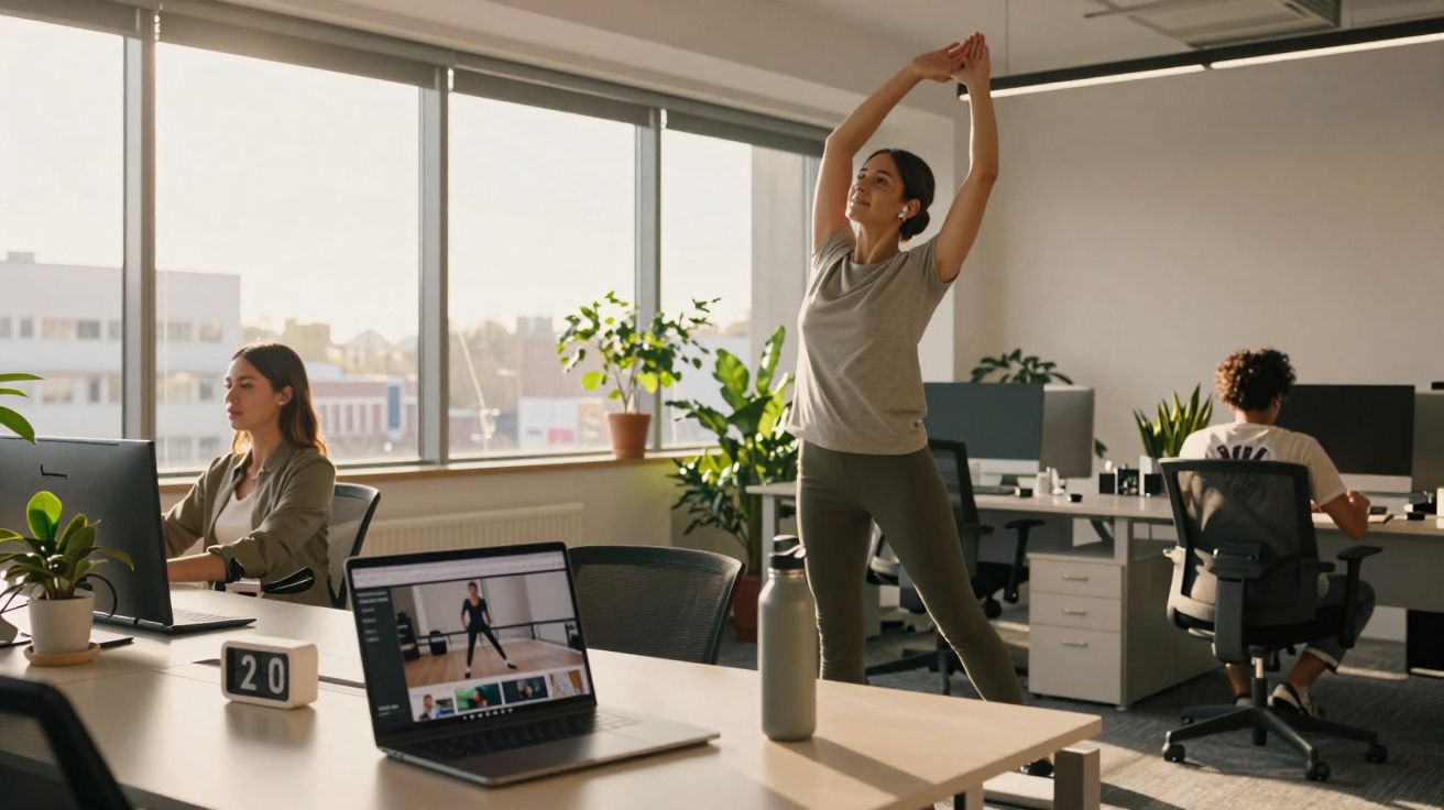 Pessoa a fazer alongamentos no escritório com colegas a trabalhar nos computadores junto a janelas grandes.