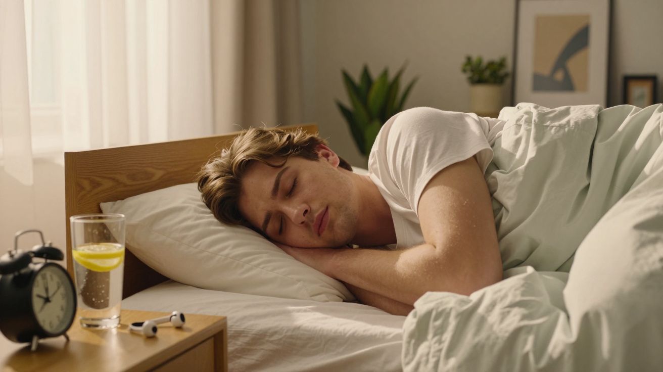 Homem jovem a dormir de lado numa cama branca, com copo de água e despertador na mesa de cabeceira.