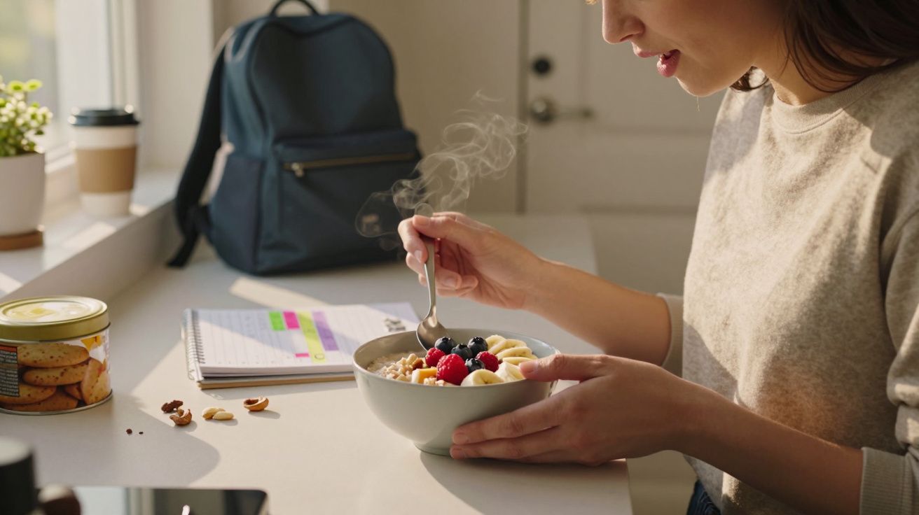 Mulher a comer papa quente com frutas num copo branco numa cozinha iluminada.