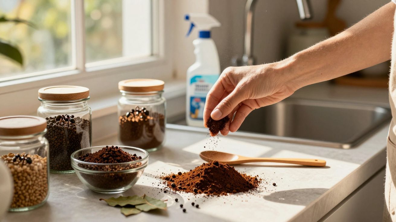 Mão a verter especiarias em pó numa bancada de cozinha com frascos de especiarias e luz natural através da janela.