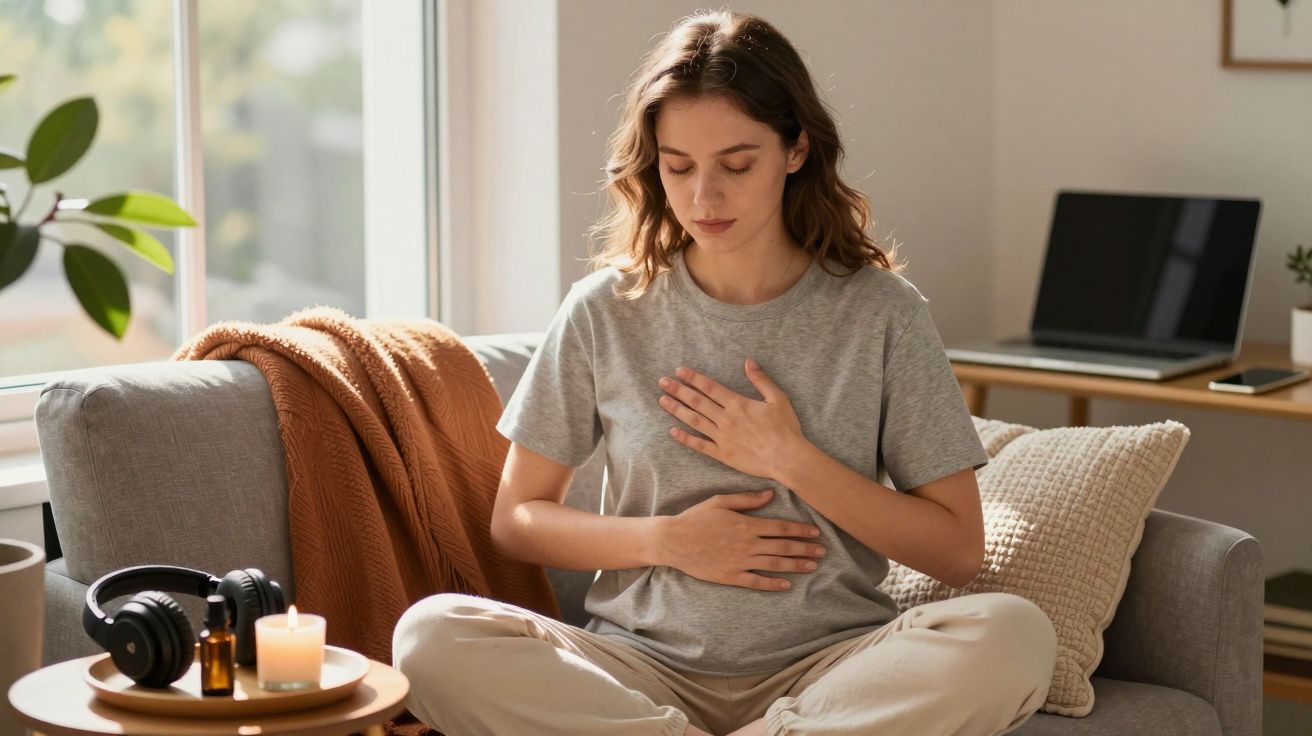 Mulher sentada de pernas cruzadas no sofá, praticando meditação com as mãos no peito e estômago.