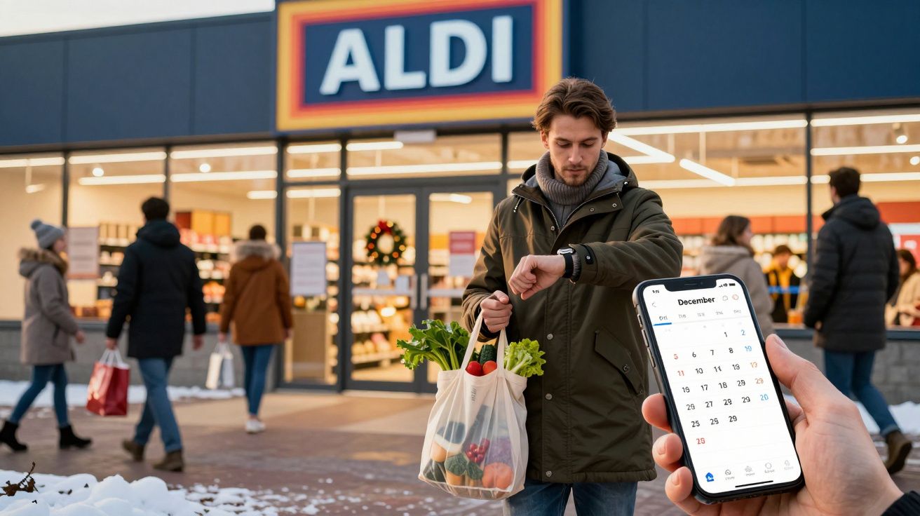 Homem com sacola de compras ao sair do supermercado Aldi, enquanto outra pessoa segura um telemóvel com calendário aberto.