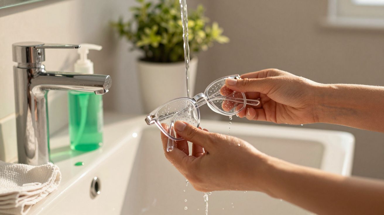 Mãos a lavar óculos transparentes com água numa pia branca com dispenser de sabão e planta ao fundo.