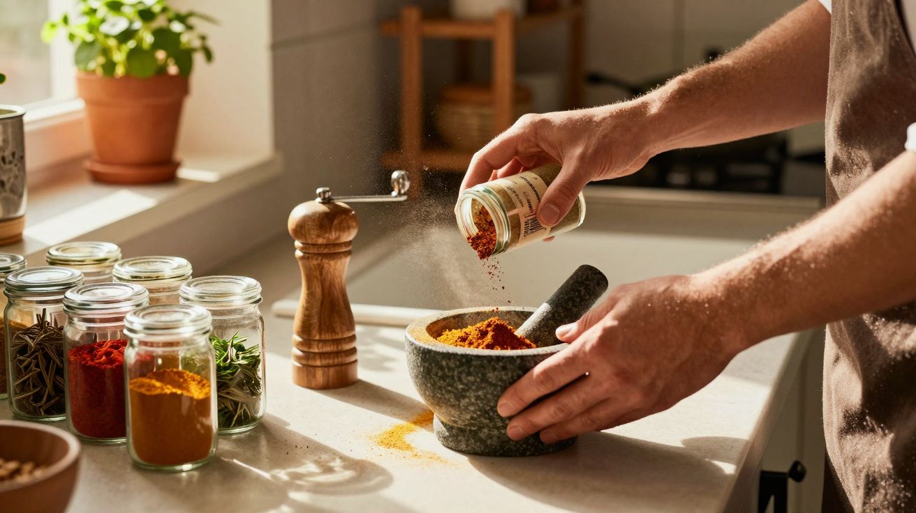 Pessoa a adicionar especiarias num almofariz de pedra numa cozinha iluminada pelo sol.