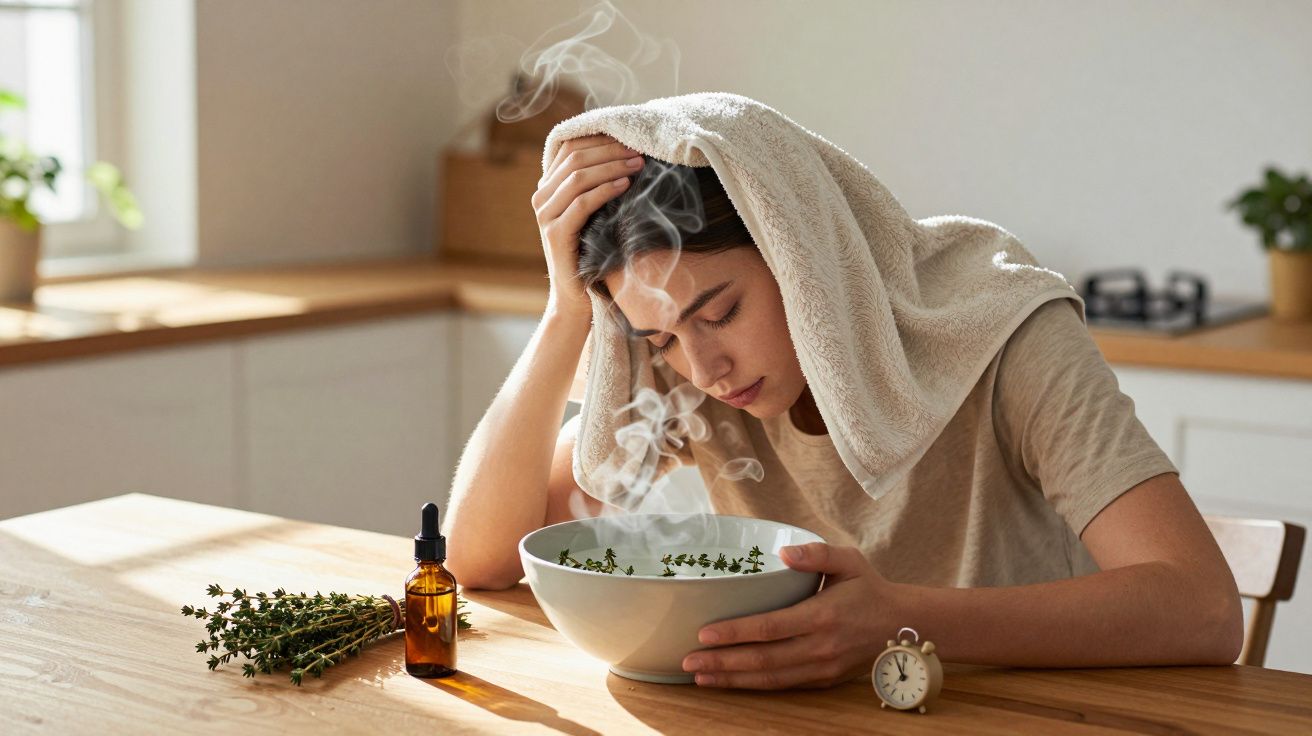 Mulher com toalha na cabeça a inalar vapor de ervas numa taça para aliviar sintomas em cozinha iluminada.