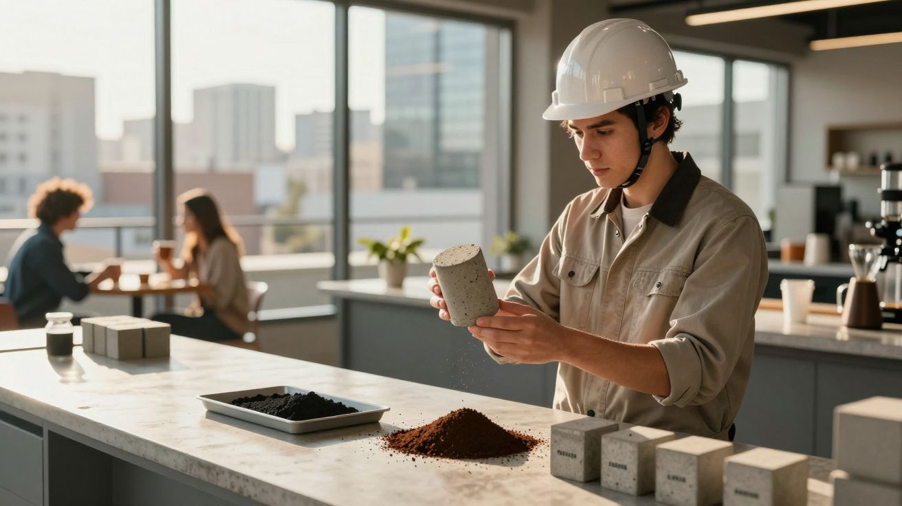 Homem com capacete testa amostra de material de construção num laboratório moderno.