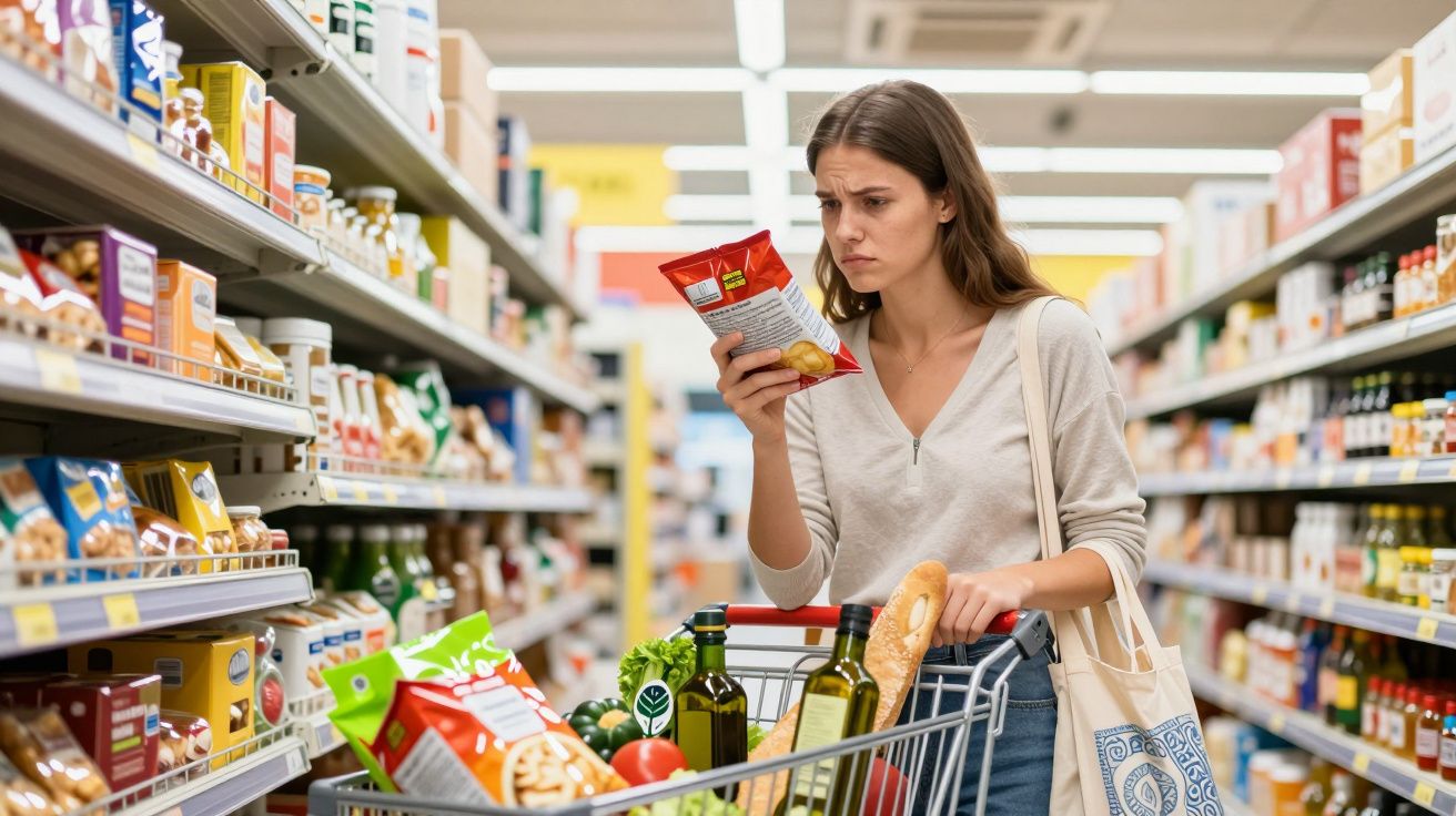 Mulher no supermercado lê rótulo de um pacote de snacks enquanto empurra carrinho cheio de compras.