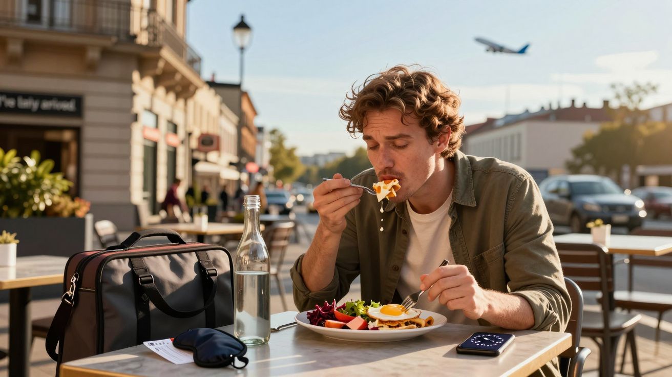 Homem a comer ao ar livre numa esplanada urbana, com mala, máscara, garrafa e avião ao fundo.