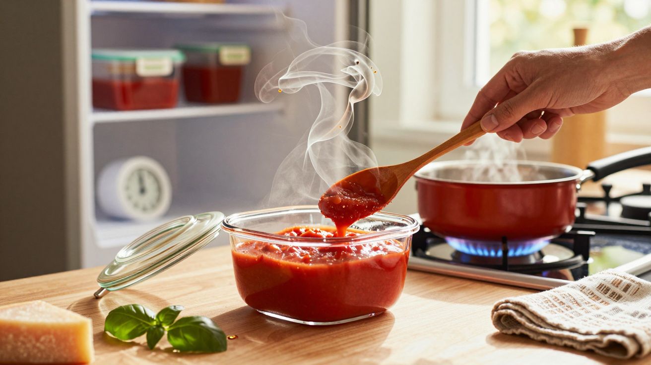 Mãos seguram uma colher de pau a mexer molho de tomate fumegante numa tigela de vidro na cozinha.