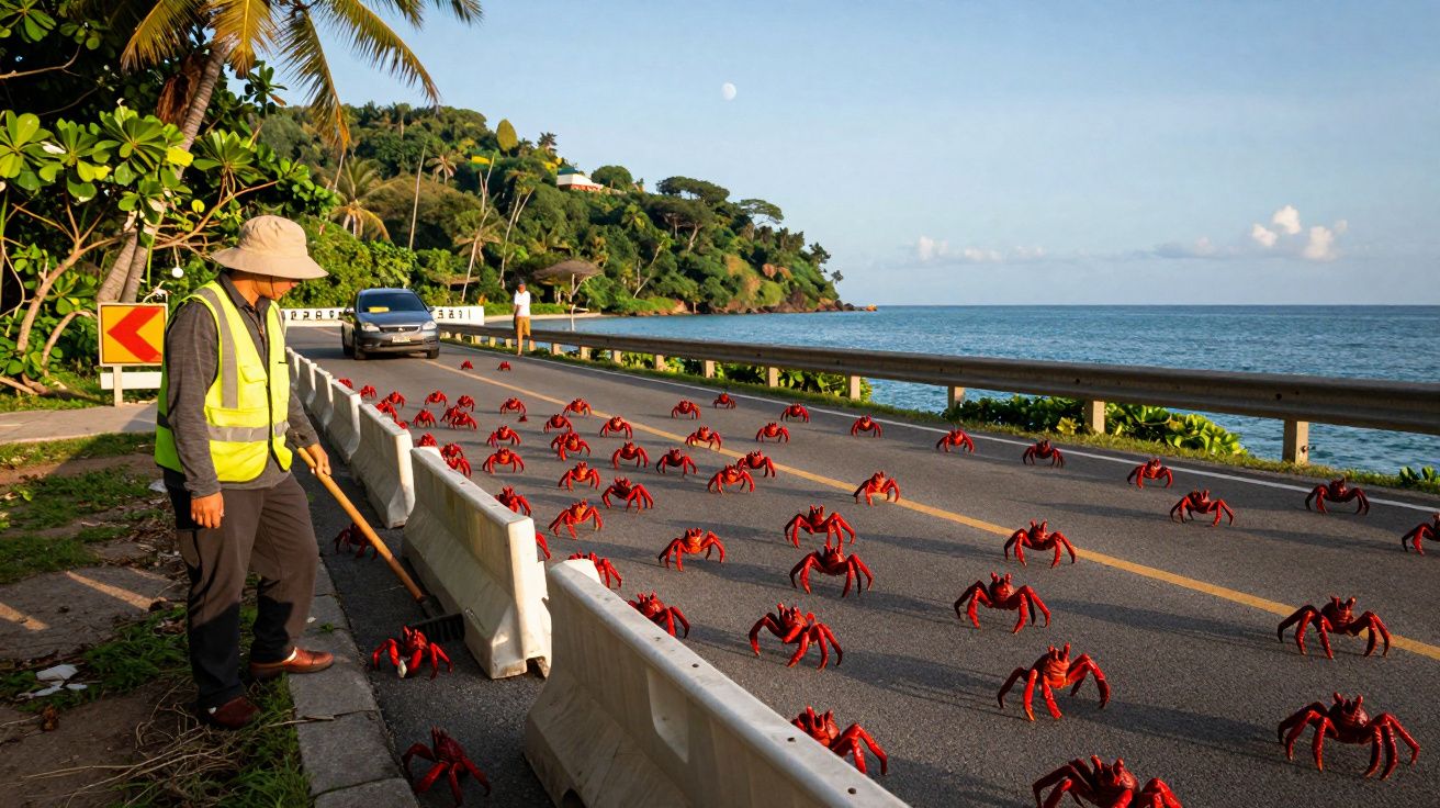 Homem com colete reflectivo a vigiar caranguejos vermelhos a atravessar uma estrada costeira junto ao mar.