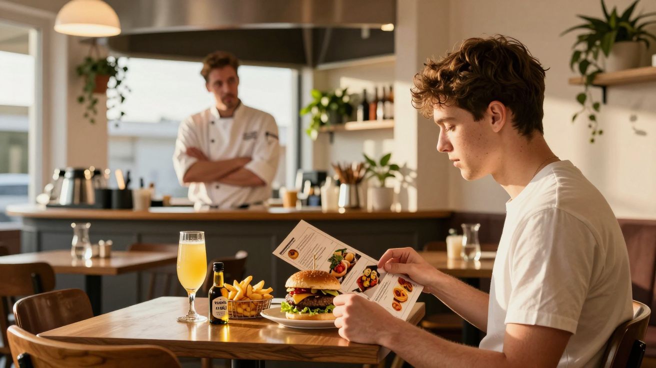 Jovem sentado a ler menu em restaurante com hambúrguer, batatas e bebida na mesa; chefe observa ao fundo.