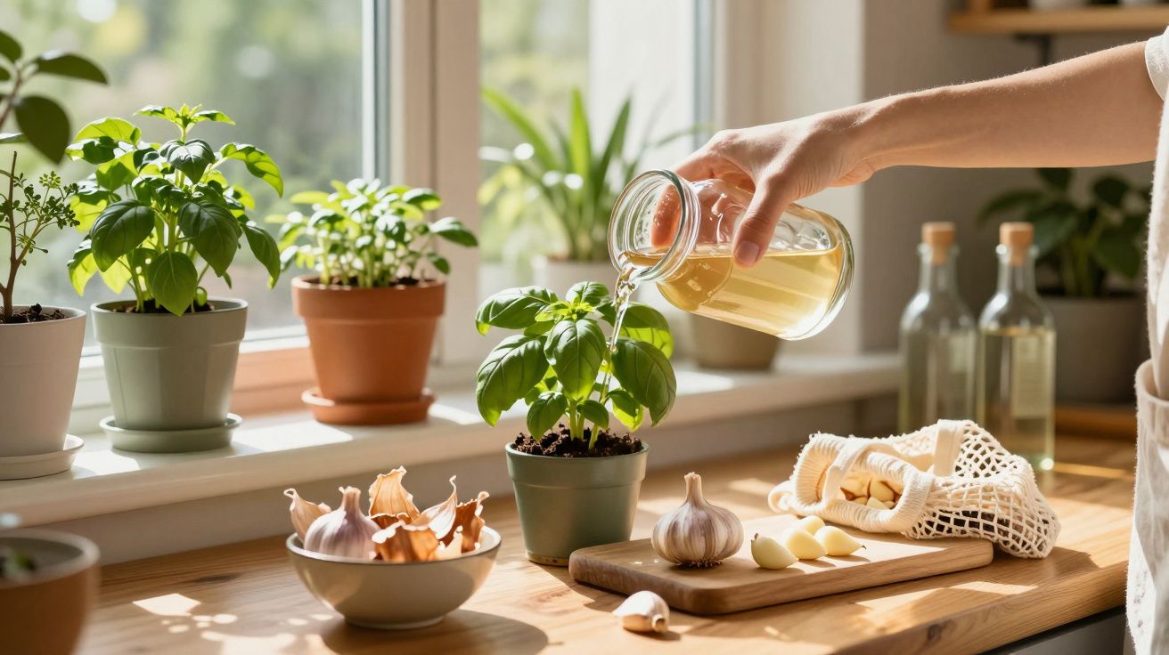 Pessoa a regar planta de manjericão na cozinha com alho e garrafas em madeira iluminada por luz natural.