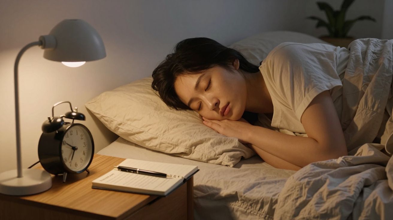 Pessoa a dormir numa cama com almofada, ao lado de uma mesa com candeeiro, relógio e bloco de notas.