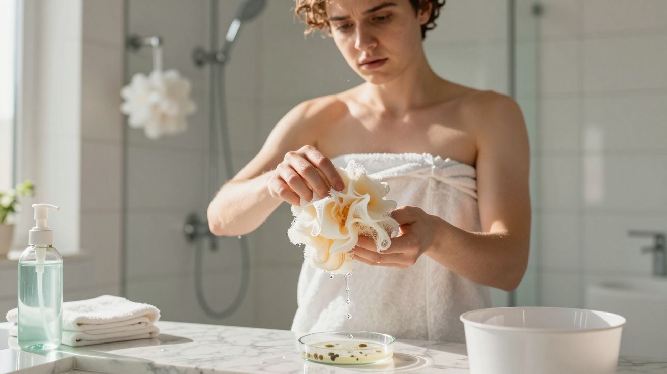 Pessoa com toalha enrolada no corpo torcendo esponja num banheiro moderno e claro, com pia e sabonete líquido.
