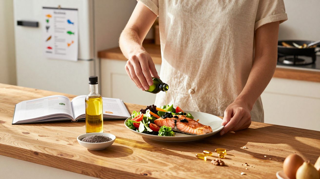 Pessoa a temperar salada com salmão grelhado numa cozinha com ingredientes e livro aberto sobre a mesa.