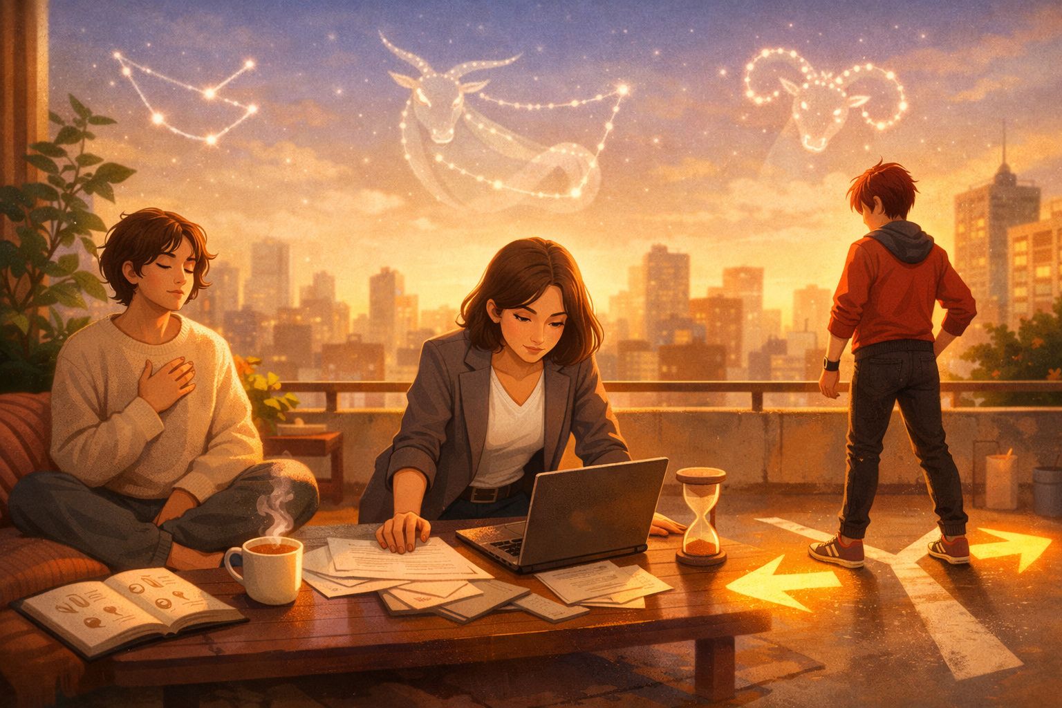 Três pessoas no terraço ao pôr do sol, com constelações de carneiro visíveis no céu e trabalho espalhado na mesa.