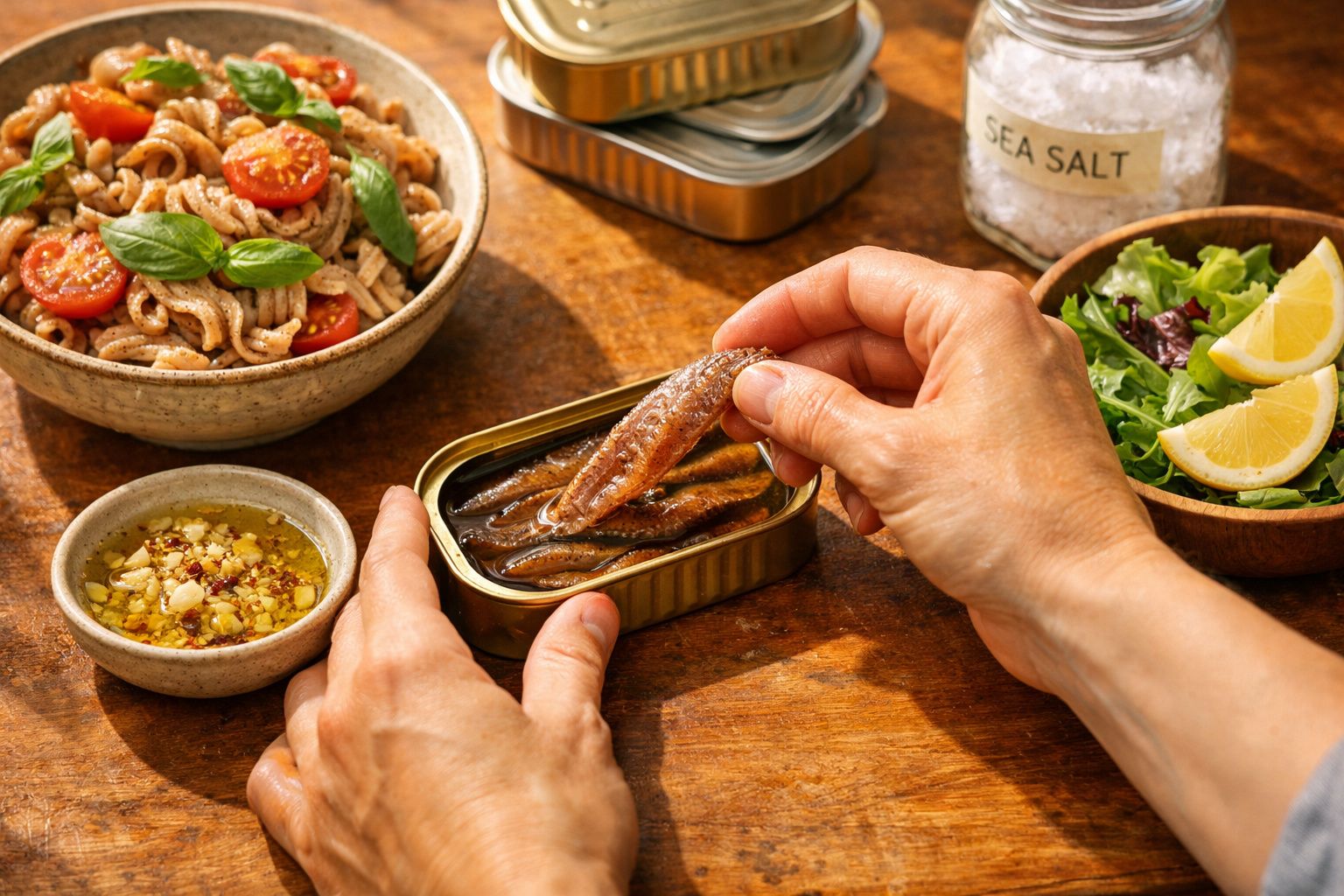 Mãos a tirar peixe em conserva de lata, com salada, limão, molho e prato de massa com tomate e manjericão ao fundo.
