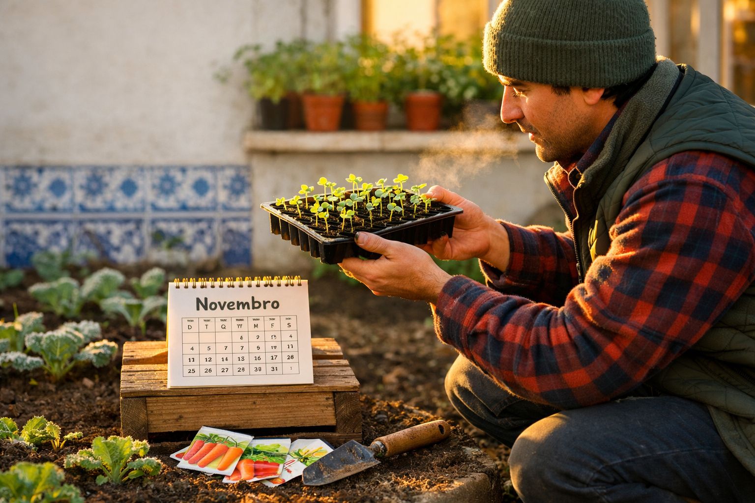 Homem com gorro segura bandeja de mudas num jardim, ao lado de calendário marcado em novembro.