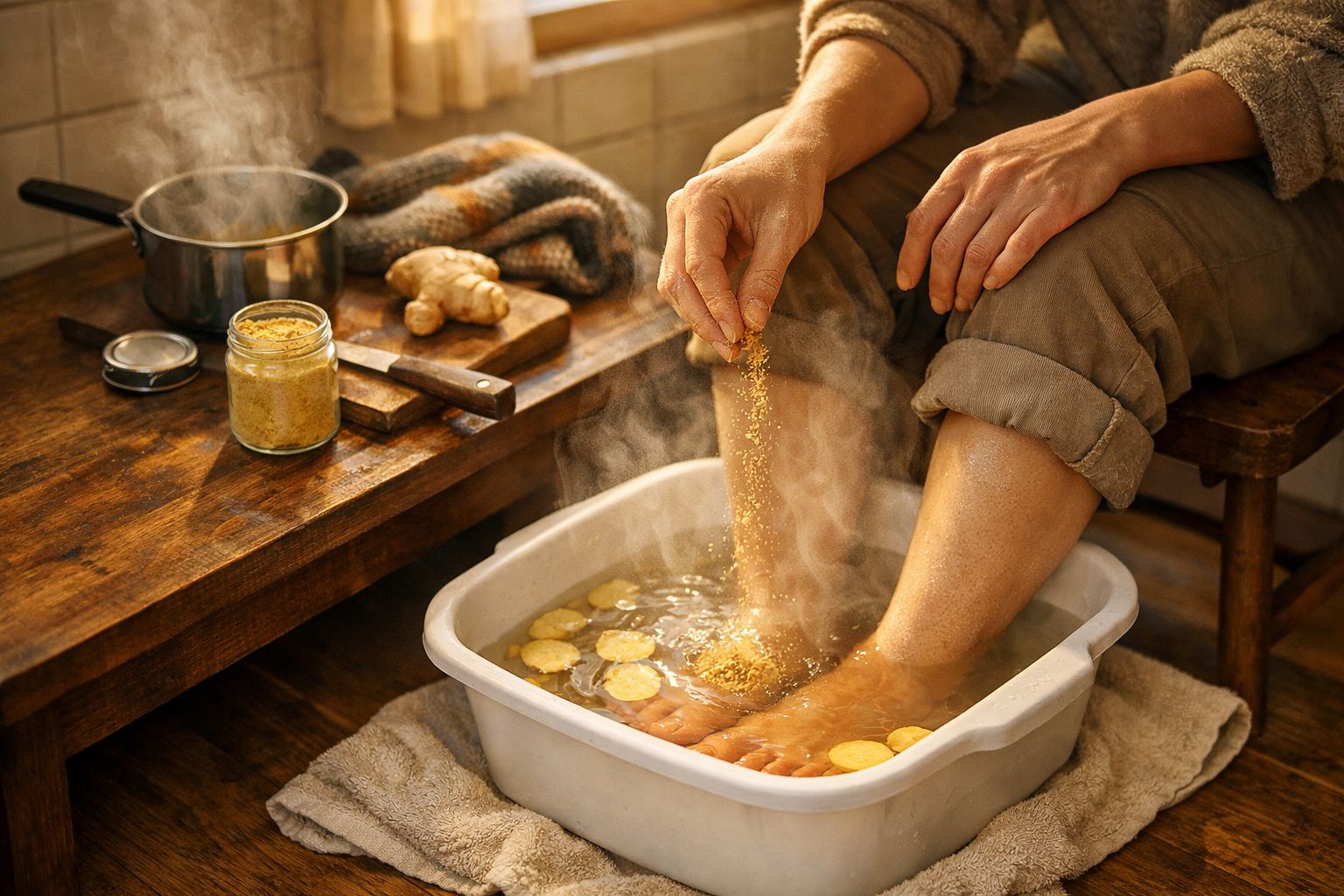 Pessoa a fazer um pé de molho com água quente, gengibre e especiarias num balde plástico branco.