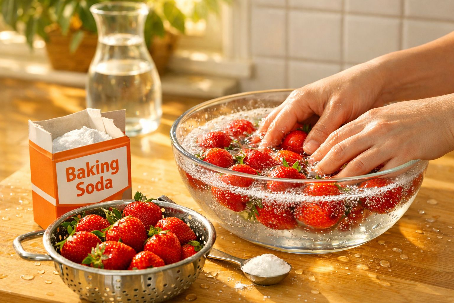 Mãos a lavar morangos numa tigela com água e bicarbonato de sódio numa cozinha iluminada.