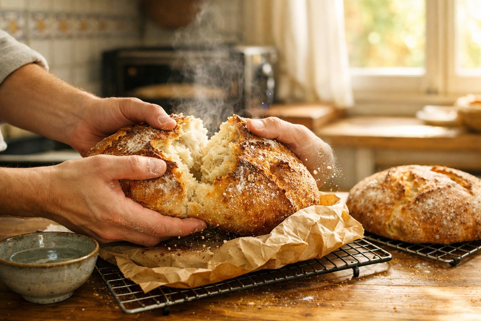 Pão acabado de cozer a ser partido ao meio, libertando vapor, numa cozinha iluminada pela janela.