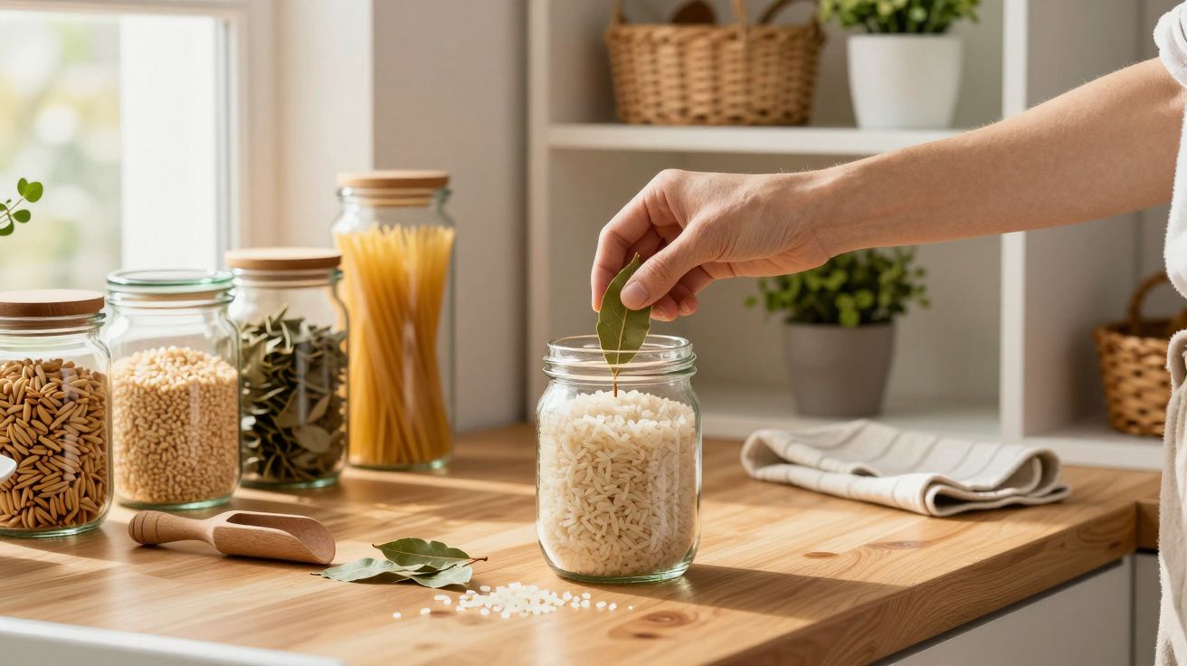 Mão feminina a colocar folha de louro num frasco de vidro com arroz numa bancada de cozinha com outros frascos.