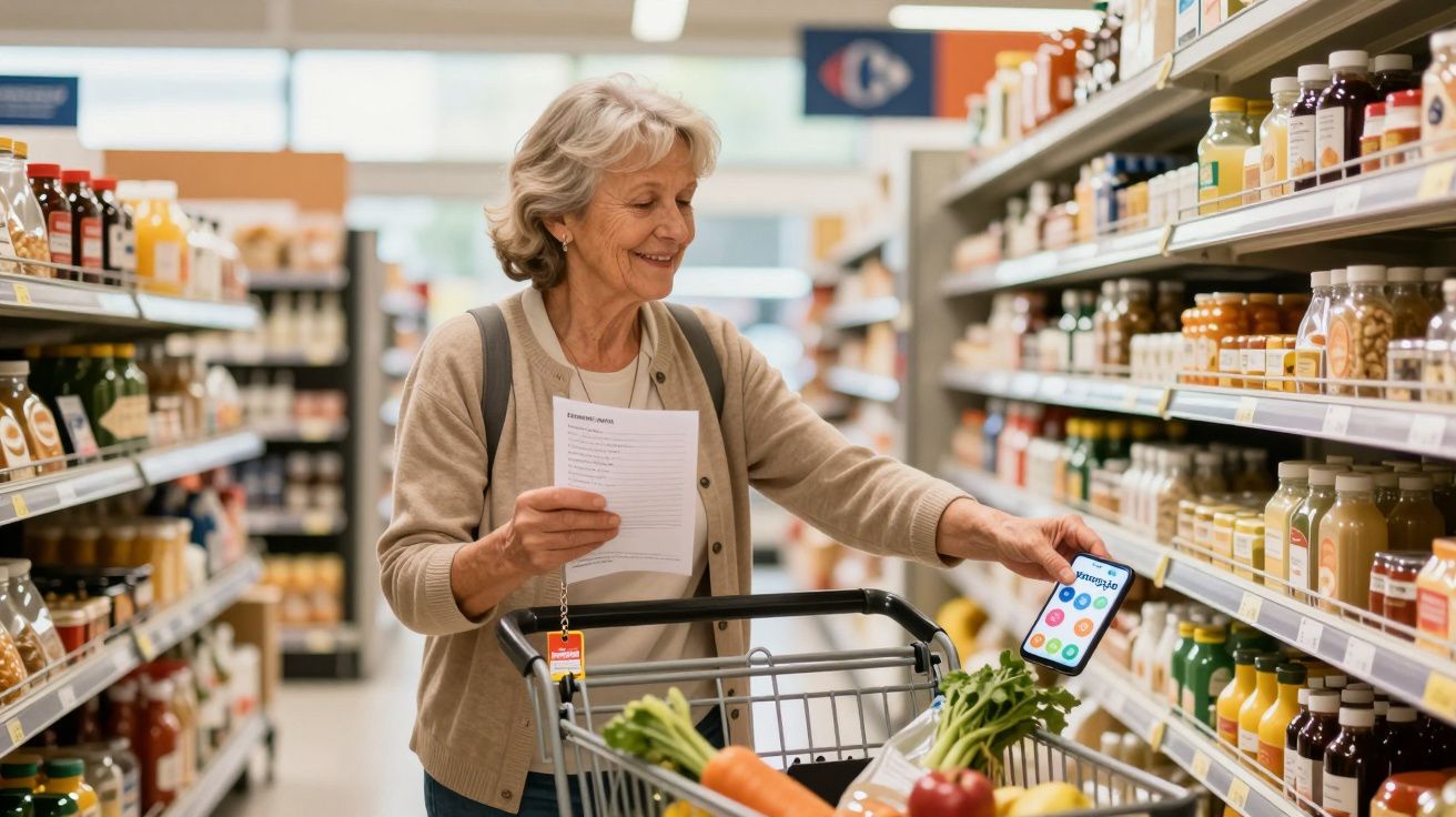 Mulher idosa feliz a fazer compras no supermercado com lista e smartphone, carrinho com legumes e frutas.