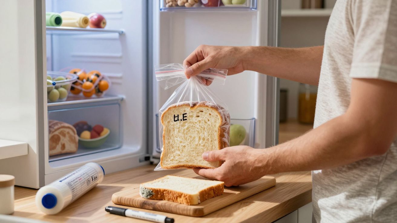 Pessoa a guardar fatia de pão num saco de plástico junto a frigorífico aberto na cozinha.