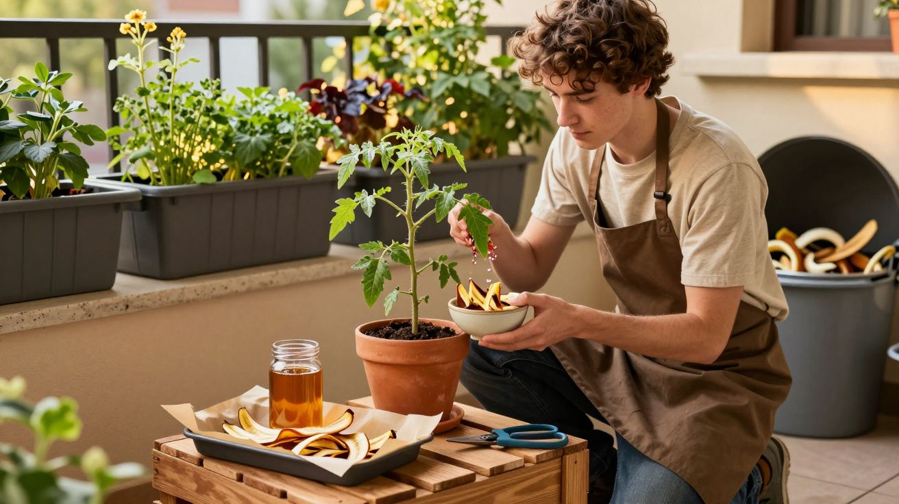 Jovem a cuidar de uma planta de tomate num vaso, aplicando fertilizante orgânico num terraço.