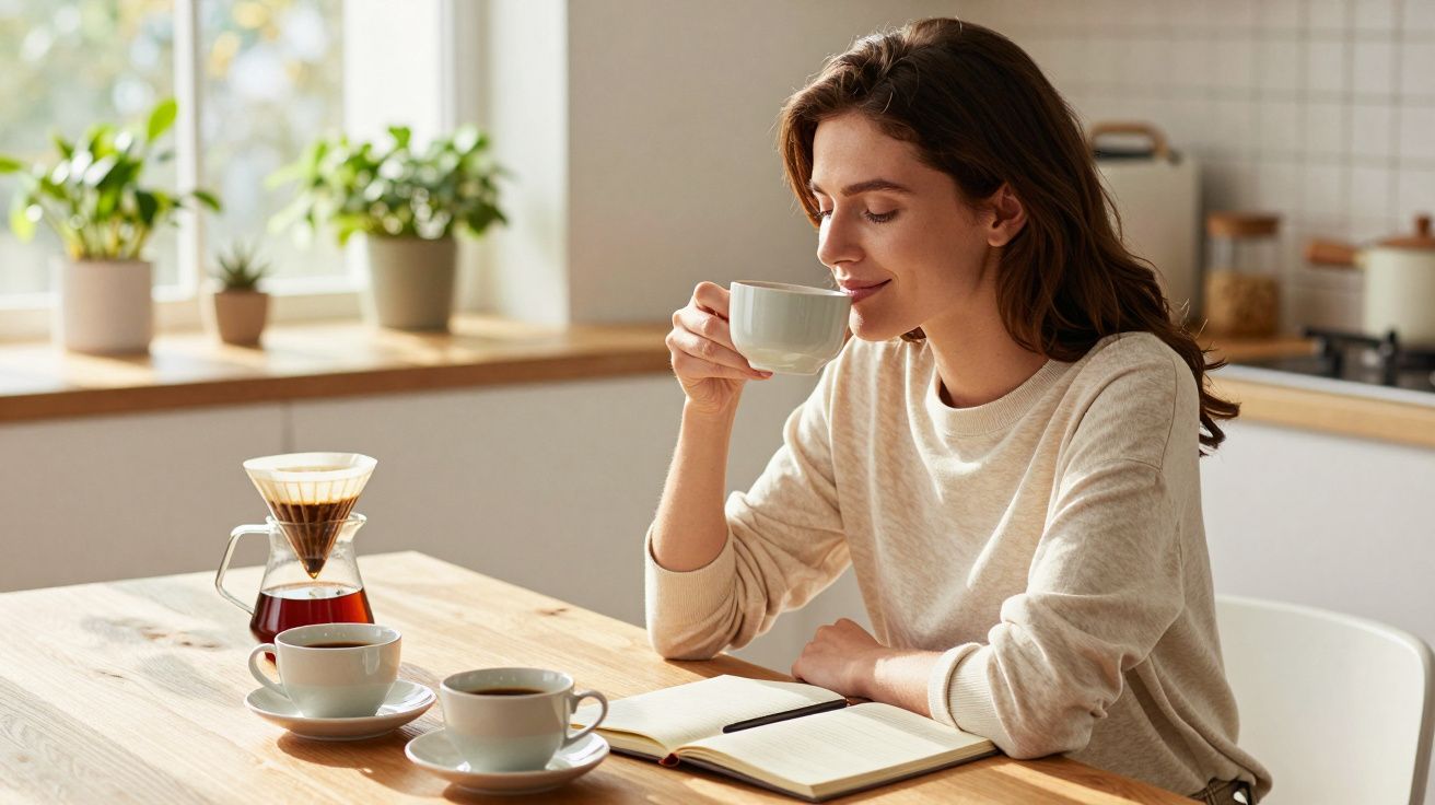 Mulher a saborear café sentada à mesa com livro aberto e jarra de café numa cozinha iluminada.