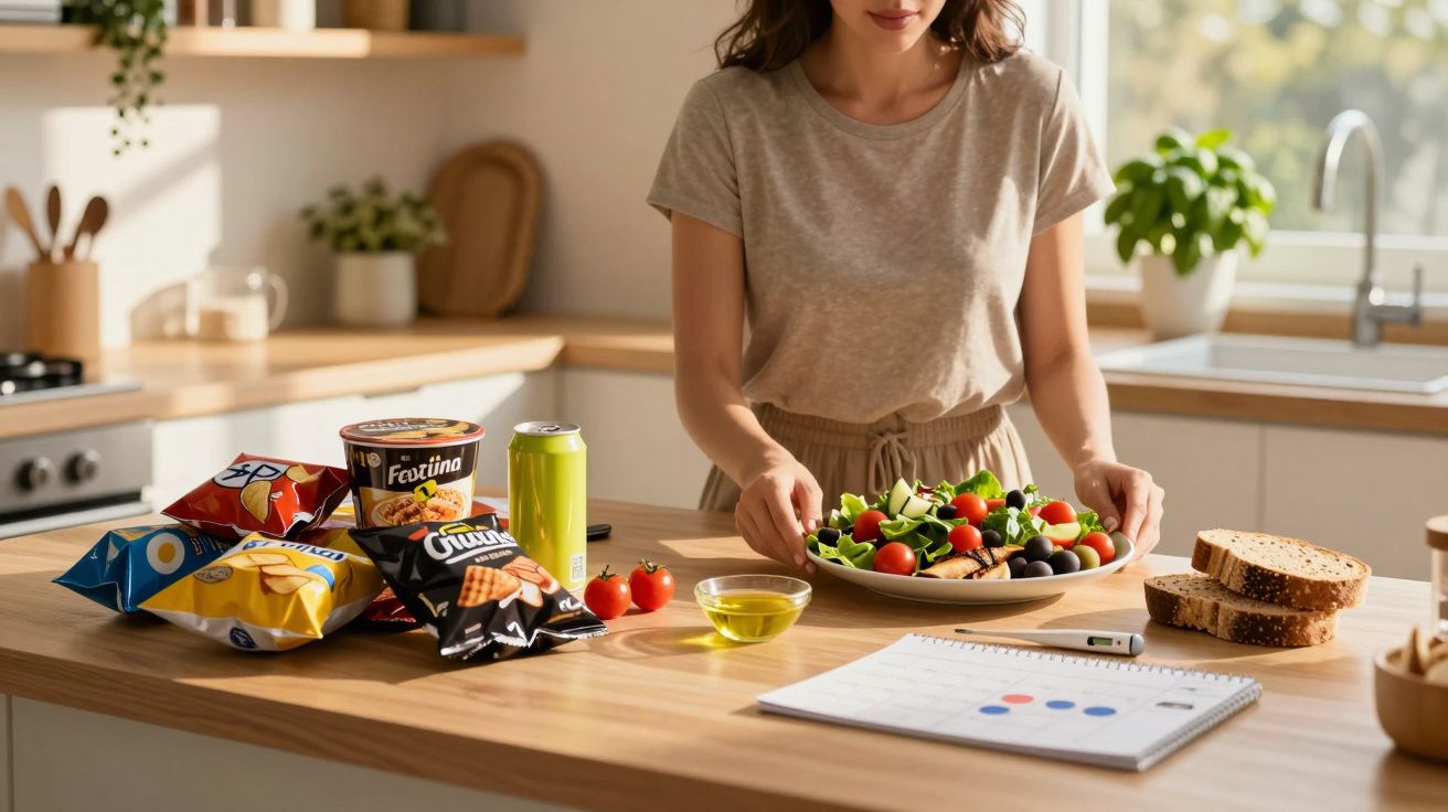 Mulher a preparar salada numa cozinha com snacks, pão, tomate e caderno sobre a mesa de madeira.