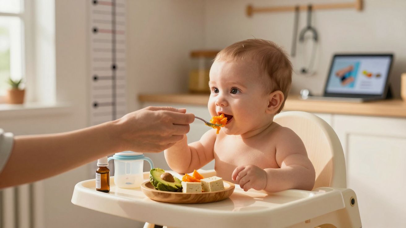 Bebé a ser alimentado com colher, sentado numa cadeira alta, com prato de comida saudável à frente.