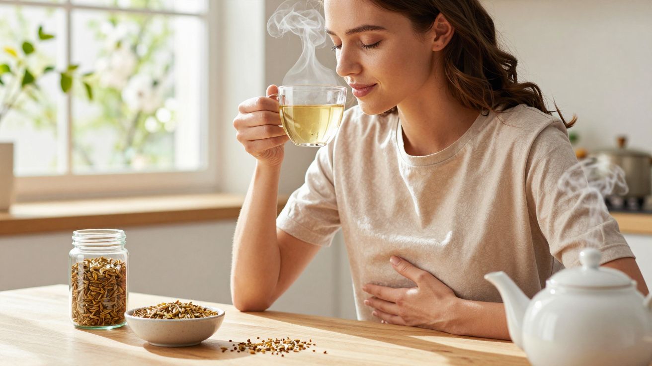 Mulher a cheirar chá quente numa chávena de vidro, sentada à mesa com chávena e frasco de sementes.