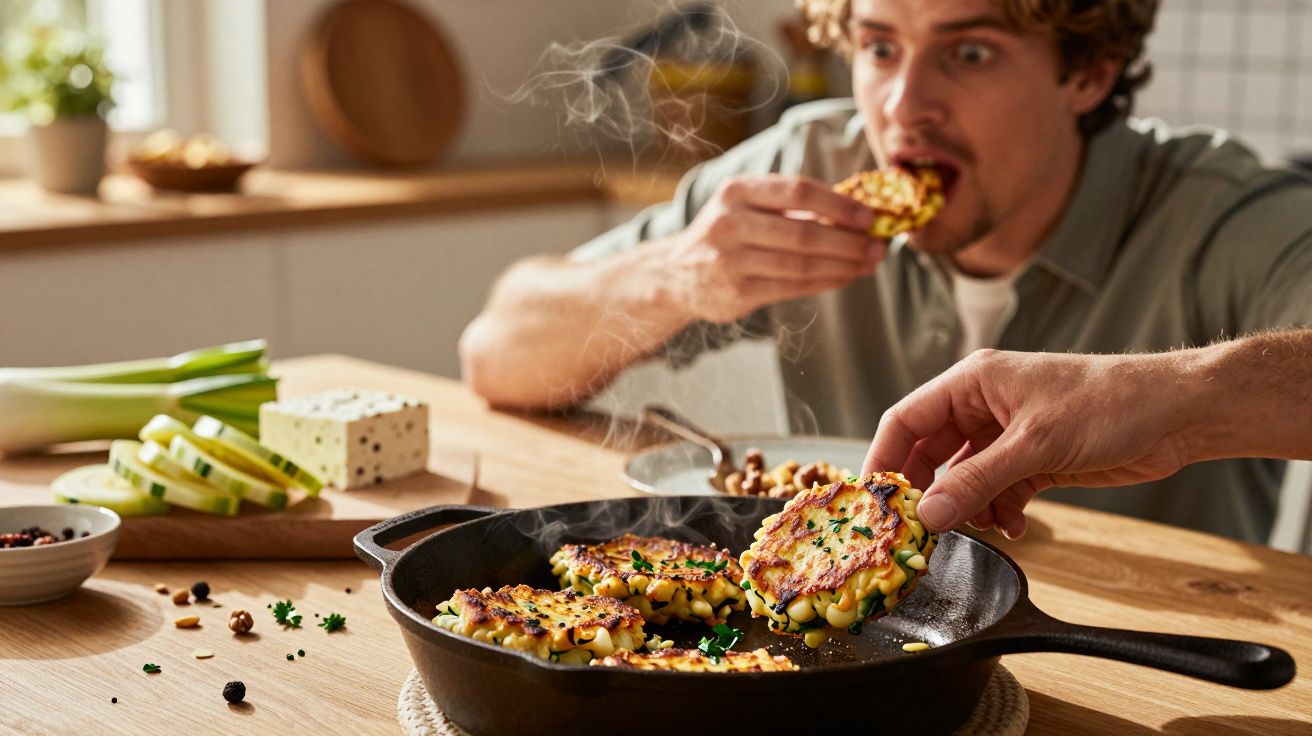 Pessoa a levar à boca uma tortilha de milho quente, enquanto outra mão segura uma da frigideira com comida fumegante.