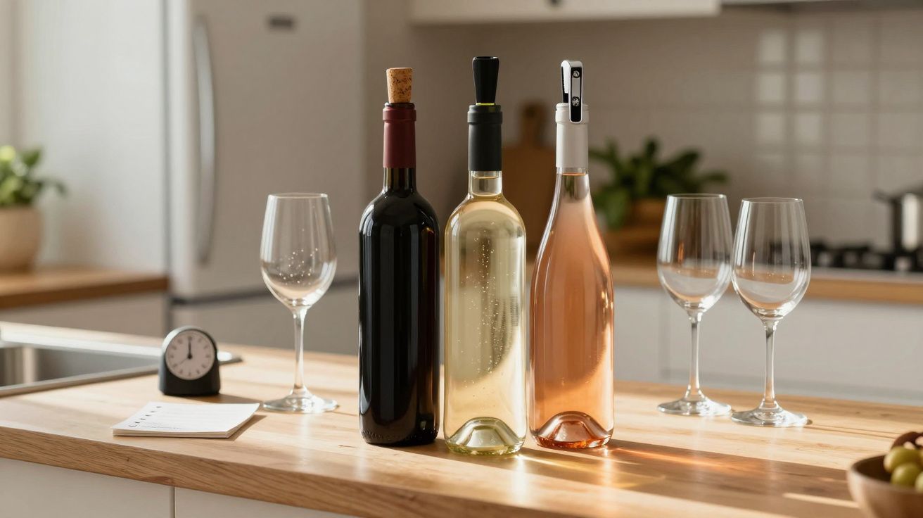 Três garrafas de vinho (tinto, branco e rosé) com quatro copos de vidro numa bancada de cozinha.