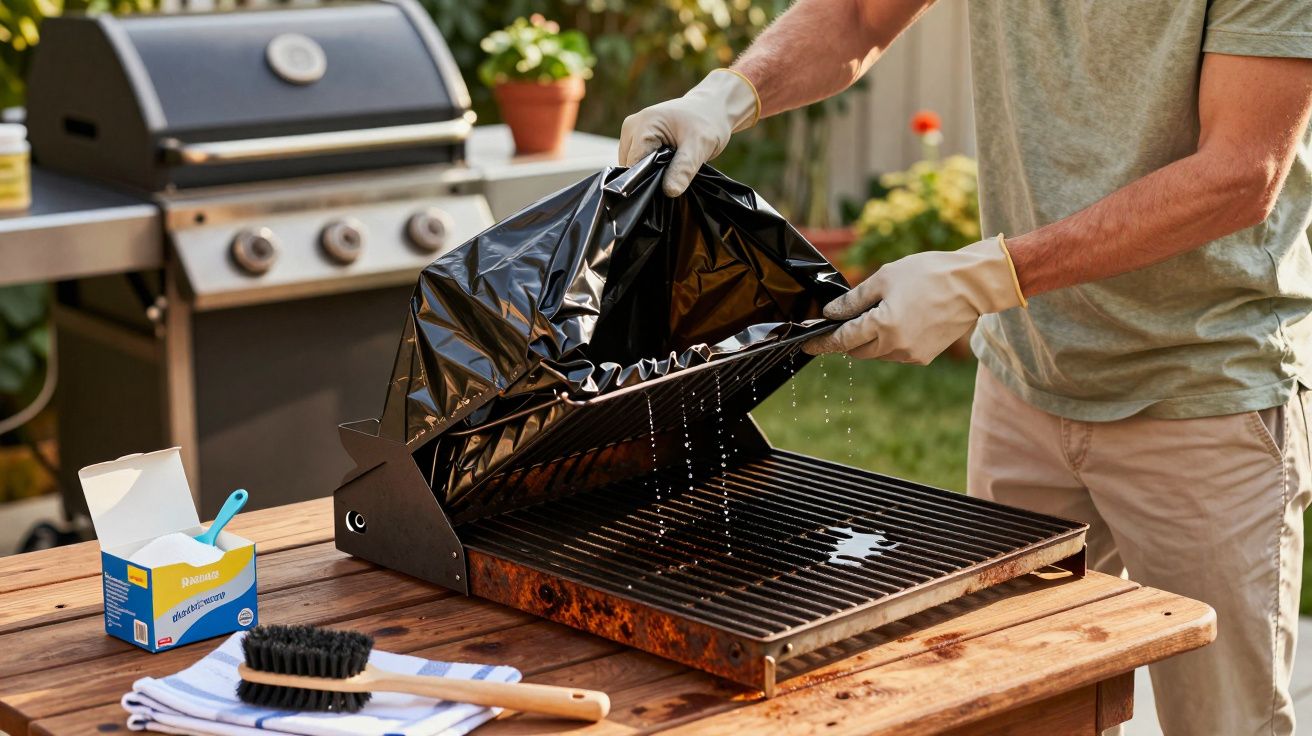 Pessoa a limpar uma grelha de churrasco num jardim, com luvas e utensílios de limpeza numa mesa de madeira.