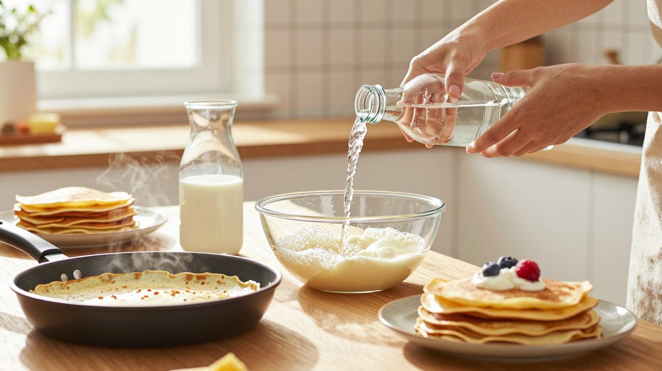 Mãos a verter líquido numa tigela com massa, panquecas quentes e leite numa cozinha iluminada.